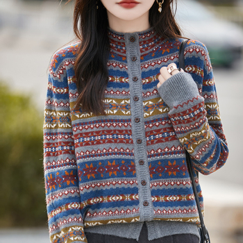 2025 jesensko-zimski pulover jacquard s kontrastnim prugama, okruglim izrezom, dugi rukavi, širok kroj, retro stil