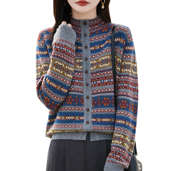 2025 jesensko-zimski pulover jacquard s kontrastnim prugama, okruglim izrezom, dugi rukavi, širok kroj, retro stil