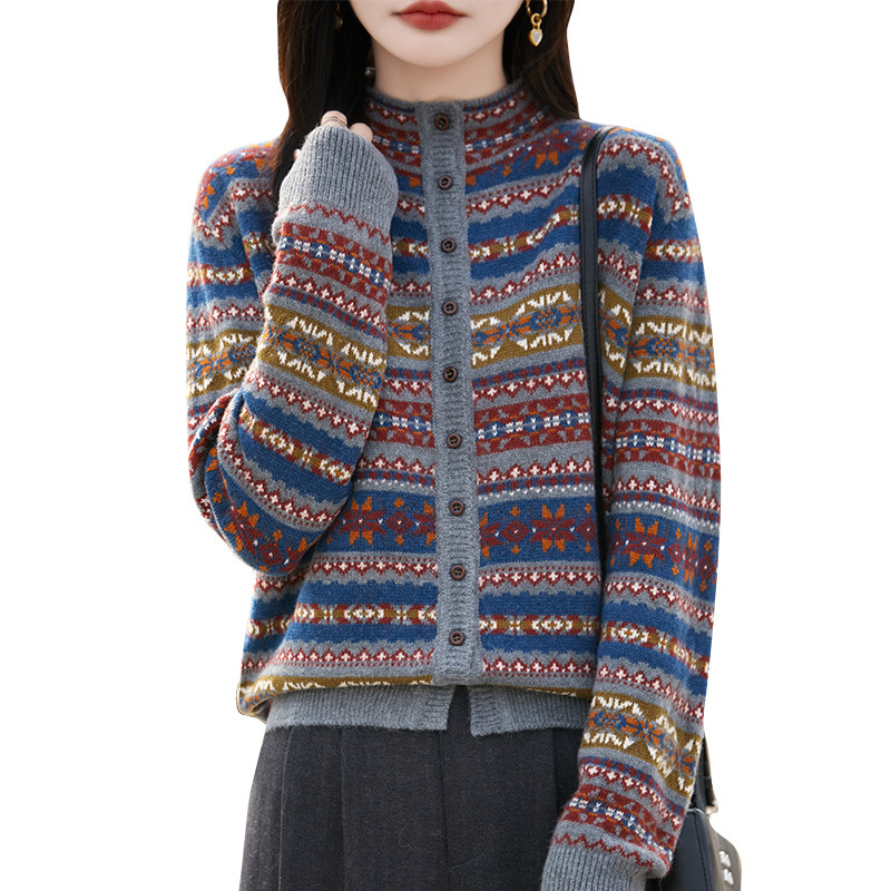 2025 jesensko-zimski pulover jacquard s kontrastnim prugama, okruglim izrezom, dugi rukavi, širok kroj, retro stil