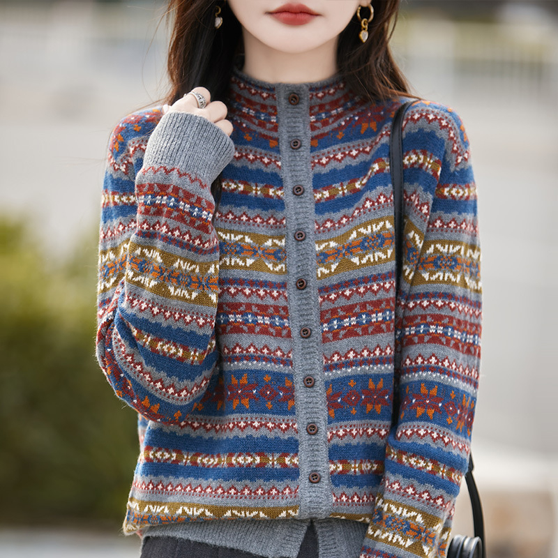 2025 jesensko-zimski pulover jacquard s kontrastnim prugama, okruglim izrezom, dugi rukavi, širok kroj, retro stil