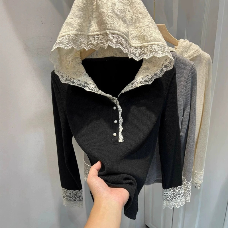 Ženské tričko s kapucňou, s čipkovým detailom, dlhé rukávy, polyester s elastanom, jednofarebné, voľnočasový štýl