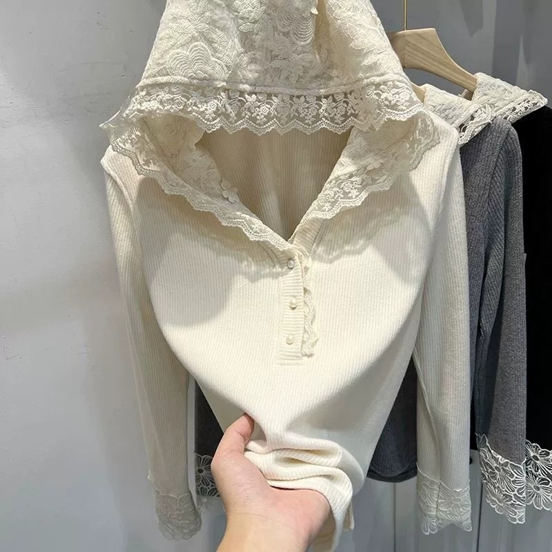 Ženské tričko s kapucňou, s čipkovým detailom, dlhé rukávy, polyester s elastanom, jednofarebné, voľnočasový štýl