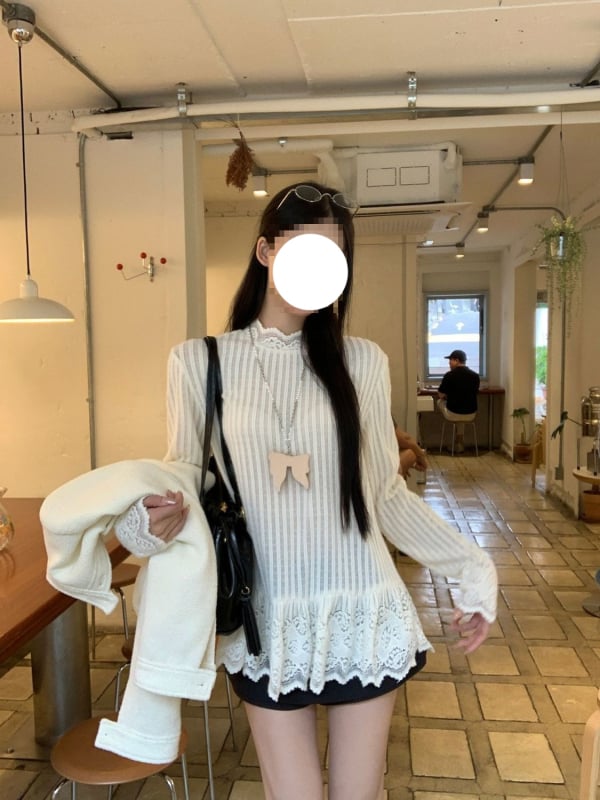 Top din dantelă cu mâneci lungi pentru femei, guler rotund, mâneci prințesă, lungime medie, amestec poliester-spandex