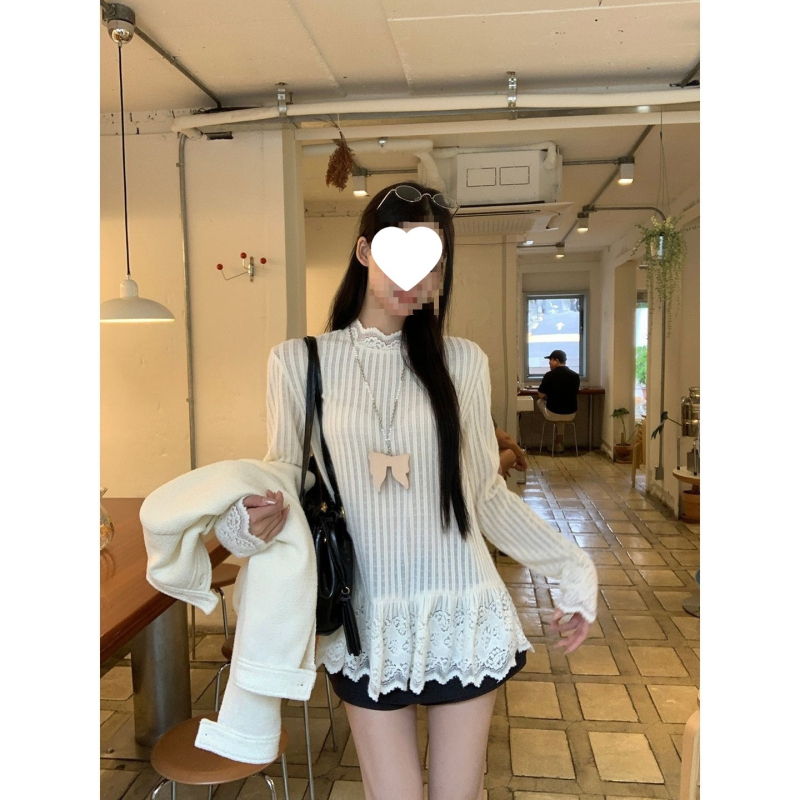 Top din dantelă cu mâneci lungi pentru femei, guler rotund, mâneci prințesă, lungime medie, amestec poliester-spandex