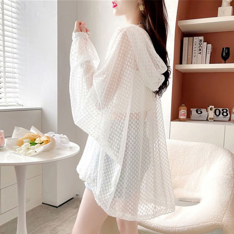 Ženska jakna s kapulom i zatvaračem, poliester tkanina, ultratanka, karirani uzorak, široka silueta