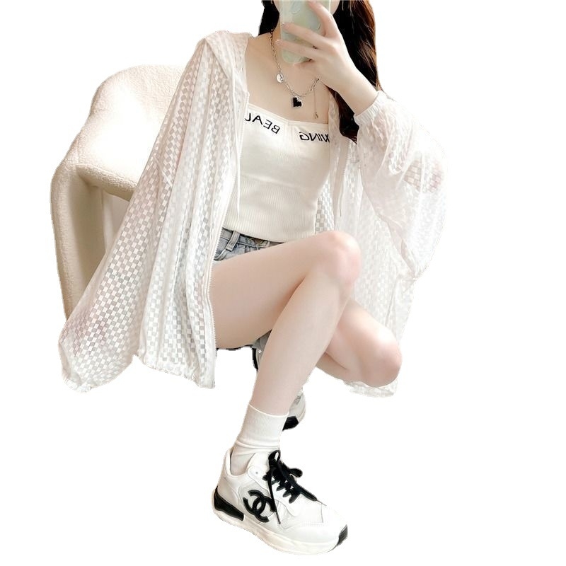 Ženska jakna s kapulom i zatvaračem, poliester tkanina, ultratanka, karirani uzorak, široka silueta