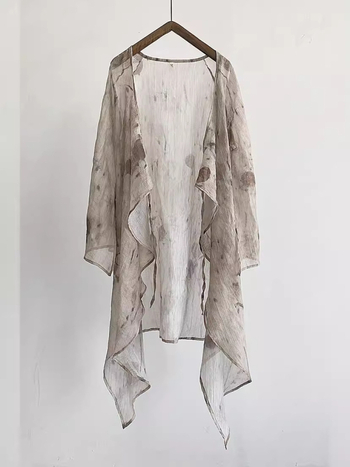 Bluza s vezicama u Zen stilu od Tencela, biljni cvjetni uzorak, nepravilni kroj, dugi rukavi, UV zaštita UPF30+