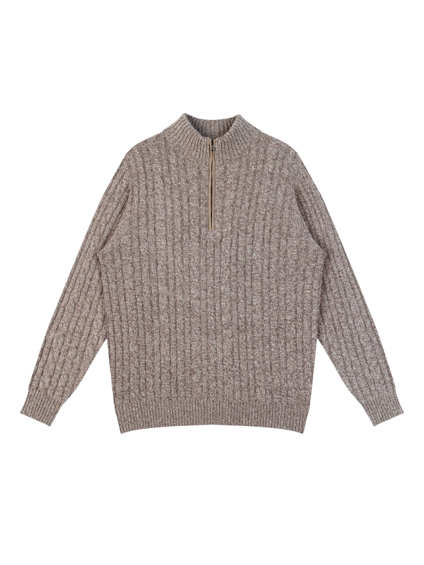 Πλεκτός πουλόβερ με φλοράλ καμπά πλέξη από μαλλί, μισό φερμουάρ, χαλαρή εφαρμογή.