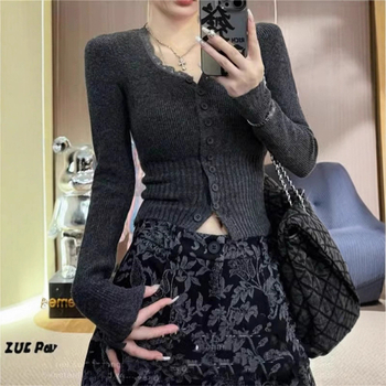 Top tricotat pentru femei cu inserție de dantelă și guler pătrat, glugă, mâneci lungi, croială Slim fit