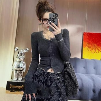 Top tricotat pentru femei cu inserție de dantelă și guler pătrat, glugă, mâneci lungi, croială Slim fit