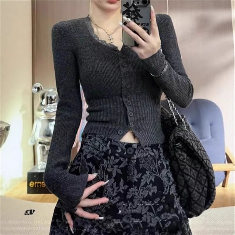 Top tricotat pentru femei cu inserție de dantelă și guler pătrat, glugă, mâneci lungi, croială Slim fit