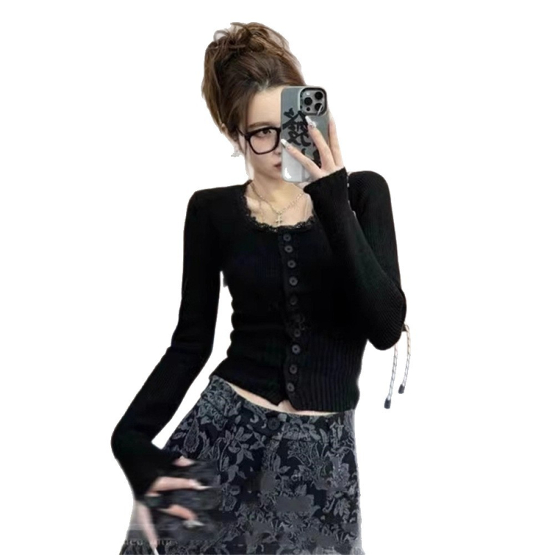 Top tricotat pentru femei cu inserție de dantelă și guler pătrat, glugă, mâneci lungi, croială Slim fit