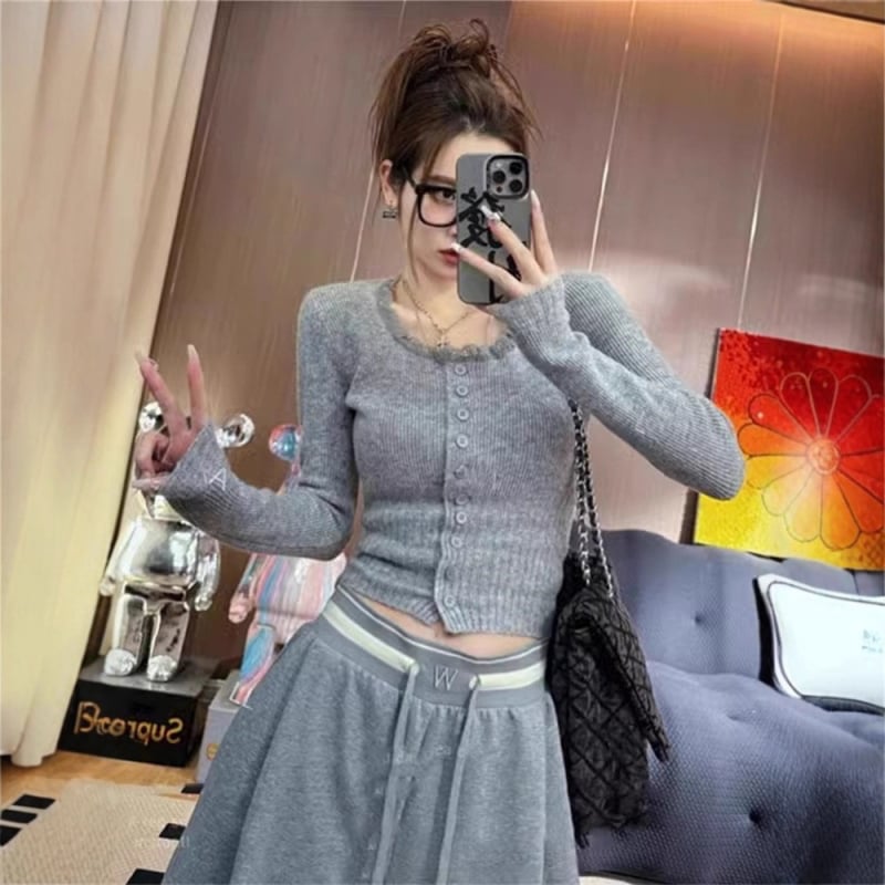 Top tricotat pentru femei cu inserție de dantelă și guler pătrat, glugă, mâneci lungi, croială Slim fit