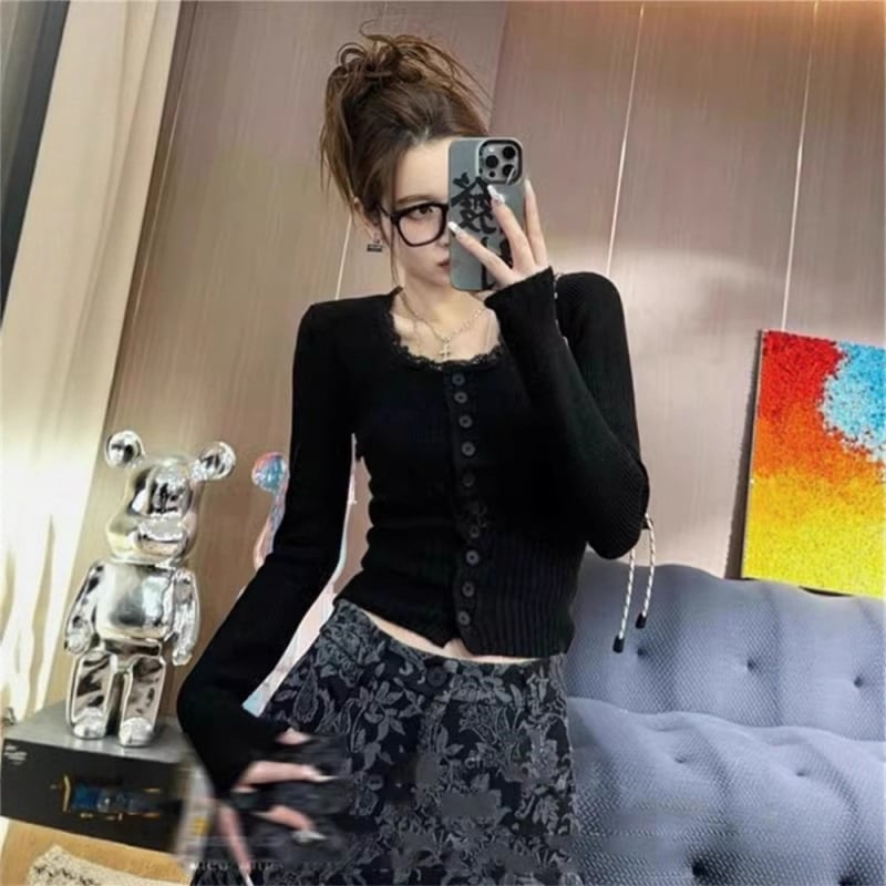 Top tricotat pentru femei cu inserție de dantelă și guler pătrat, glugă, mâneci lungi, croială Slim fit