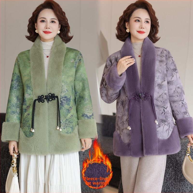 Sieviešu kažokāds no mākslīgā Mink Velvet, ar fleece iekšējo oderējumu, vidēja garuma, ziemā 2025, piemērots vidējā vecuma un vecākām sievietēm