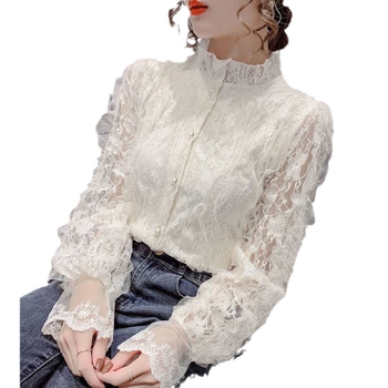 Csipkés kardigán polo gallérrel, hosszú ujjú, egyszínű, poliészter anyag, laza szabás