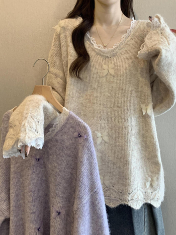 Ženski pleteni top s čipkom u francuskom stilu, plus size, jesen-zima, mekan materijal, V-dekolte, slobodan kroj