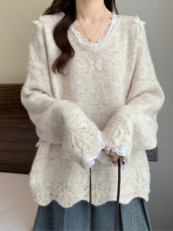Ženski pleteni top s čipkom u francuskom stilu, plus size, jesen-zima, mekan materijal, V-dekolte, slobodan kroj