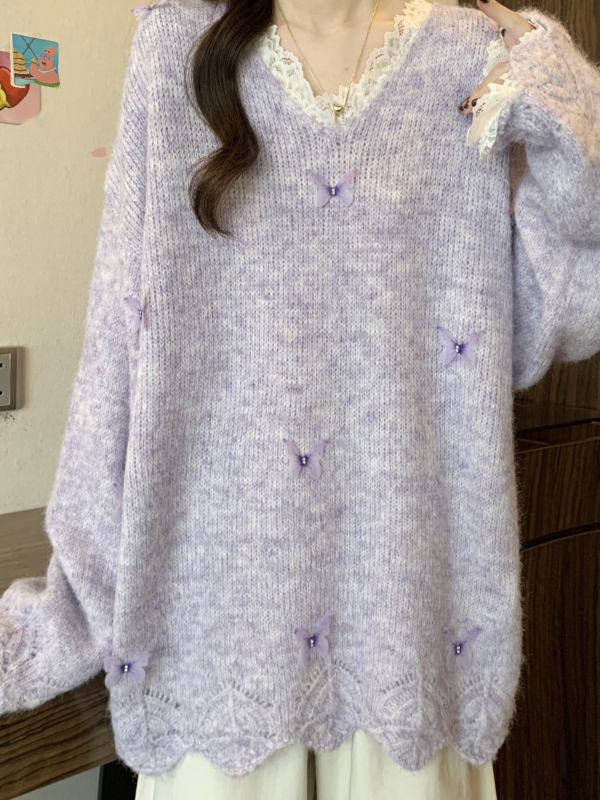 Ženski pleteni top s čipkom u francuskom stilu, plus size, jesen-zima, mekan materijal, V-dekolte, slobodan kroj