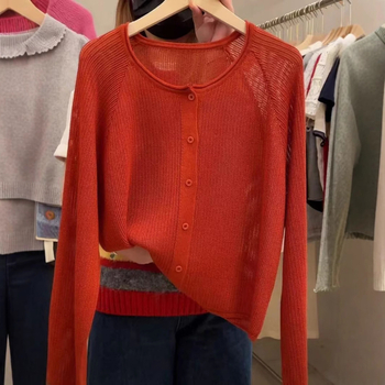 Ženski pleteni kardigan s UV zaštitom i prozračnim dizajnom Ice Silk, lagana duga rukav, Ice Silk/Poliester smjesa (30–50% Ice Silk; Spandex <30%), ležerni japansko-korejski stil