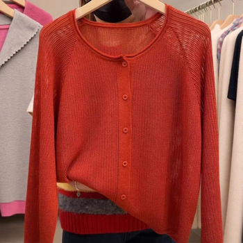 Ženski pleteni kardigan s UV zaštitom i prozračnim dizajnom Ice Silk, lagana duga rukav, Ice Silk/Poliester smjesa (30–50% Ice Silk; Spandex <30%), ležerni japansko-korejski stil