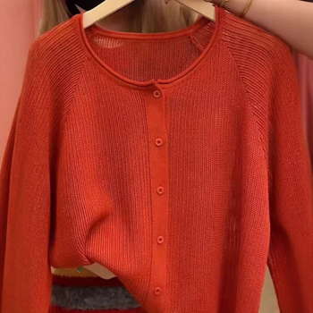 Ženski pleteni kardigan s UV zaštitom i prozračnim dizajnom Ice Silk, lagana duga rukav, Ice Silk/Poliester smjesa (30–50% Ice Silk; Spandex <30%), ležerni japansko-korejski stil