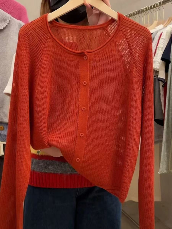 Ženski pleteni kardigan s UV zaštitom i prozračnim dizajnom Ice Silk, lagana duga rukav, Ice Silk/Poliester smjesa (30–50% Ice Silk; Spandex <30%), ležerni japansko-korejski stil