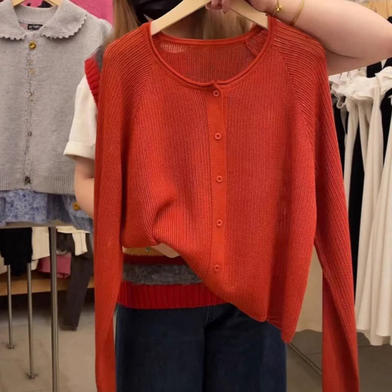 Ženski pleteni kardigan s UV zaštitom i prozračnim dizajnom Ice Silk, lagana duga rukav, Ice Silk/Poliester smjesa (30–50% Ice Silk; Spandex <30%), ležerni japansko-korejski stil