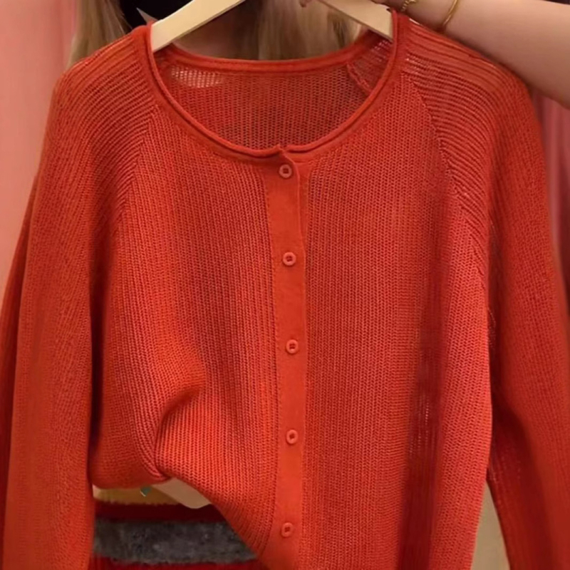 Ženski pleteni kardigan s UV zaštitom i prozračnim dizajnom Ice Silk, lagana duga rukav, Ice Silk/Poliester smjesa (30–50% Ice Silk; Spandex <30%), ležerni japansko-korejski stil