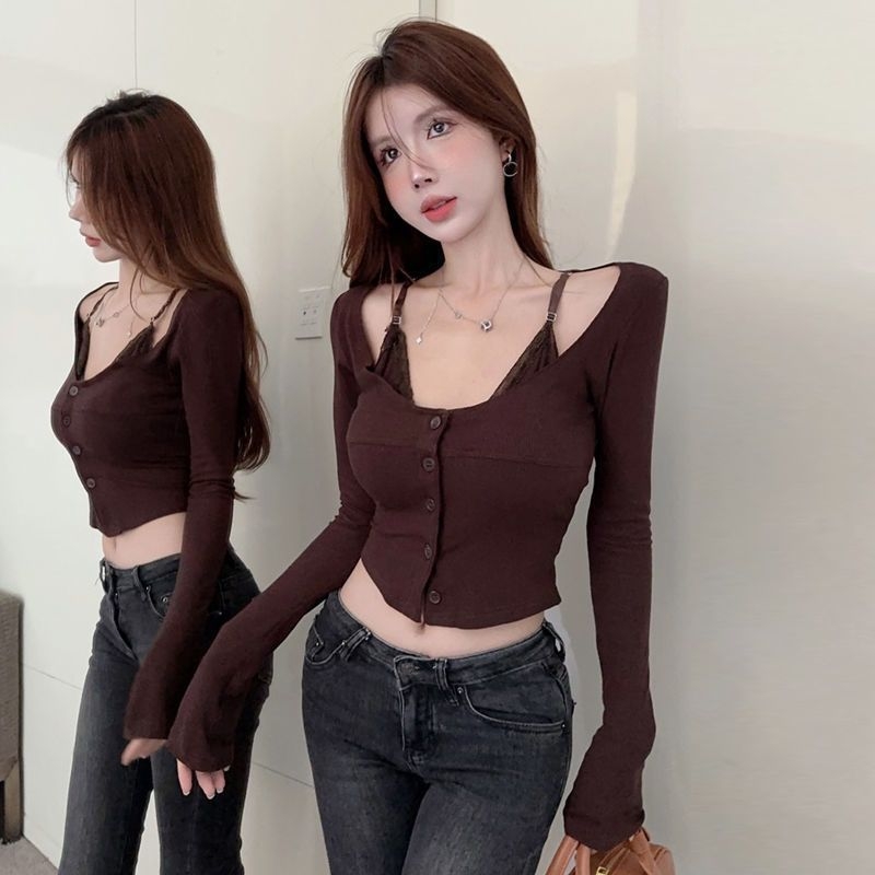 Slim-Fit čipkasta majica s dugim rukavima, kratka duljina, okrugli vrat