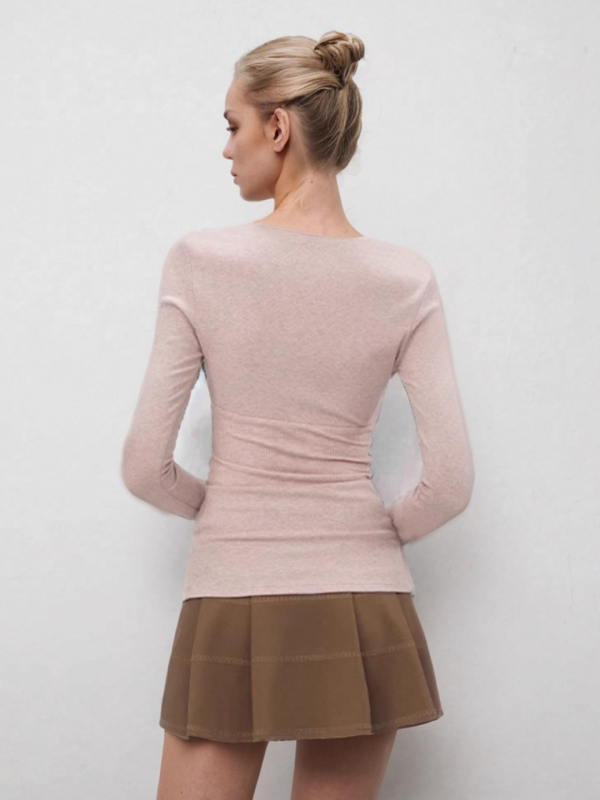 Pamuk-elastan majica s dugim rukavima, V-izrez, uobičajena duljina, casual stil