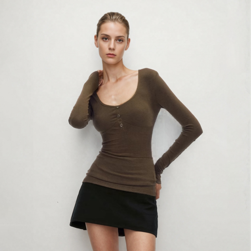 Pamuk-elastan majica s dugim rukavima, V-izrez, uobičajena duljina, casual stil