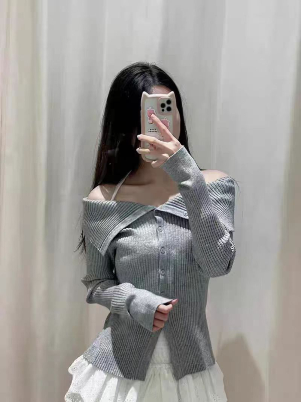 Korejski stil čipkasti pleteni top s lažnim dvodjelni dizajnom, dugi rukavi, mješavina pamuka i poliestera
