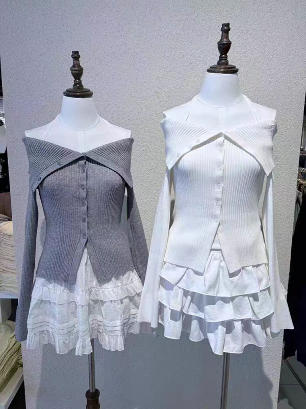 Korejski stil čipkasti pleteni top s lažnim dvodjelni dizajnom, dugi rukavi, mješavina pamuka i poliestera