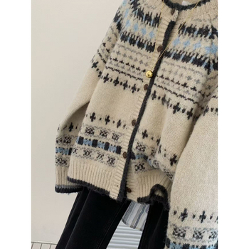 KANING Visoko kvalitetni retro žakard pleteni kardigan s okruglim izrezom za jesen-zimu, opuštenog kroja, kopčanje u jednom redu, pulover-jaknica u Fair Isle stilu