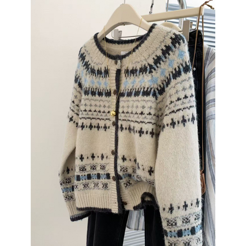 KANING Visoko kvalitetni retro žakard pleteni kardigan s okruglim izrezom za jesen-zimu, opuštenog kroja, kopčanje u jednom redu, pulover-jaknica u Fair Isle stilu
