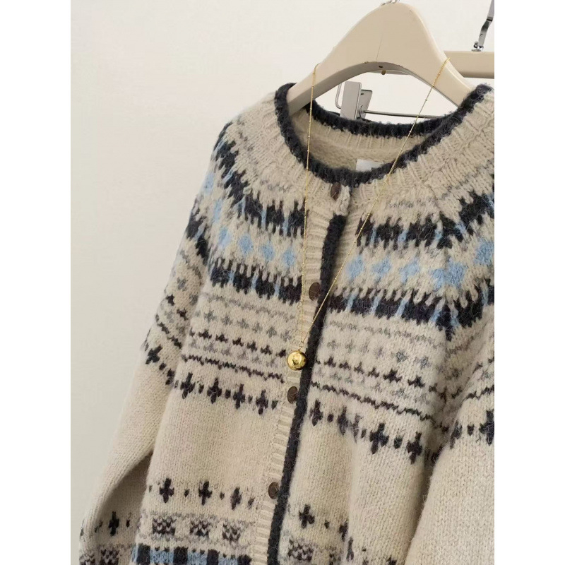KANING Visoko kvalitetni retro žakard pleteni kardigan s okruglim izrezom za jesen-zimu, opuštenog kroja, kopčanje u jednom redu, pulover-jaknica u Fair Isle stilu
