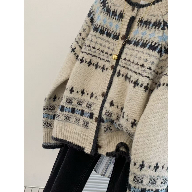 KANING Visoko kvalitetni retro žakard pleteni kardigan s okruglim izrezom za jesen-zimu, opuštenog kroja, kopčanje u jednom redu, pulover-jaknica u Fair Isle stilu