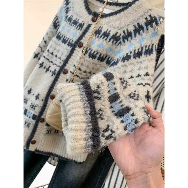 KANING Visoko kvalitetni retro žakard pleteni kardigan s okruglim izrezom za jesen-zimu, opuštenog kroja, kopčanje u jednom redu, pulover-jaknica u Fair Isle stilu