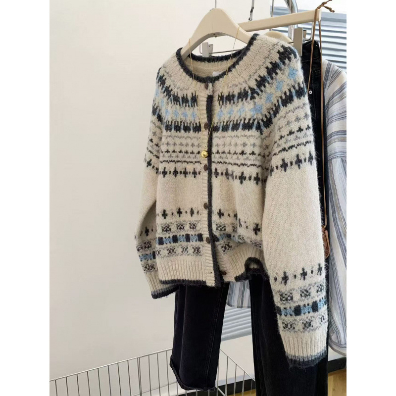 KANING Visoko kvalitetni retro žakard pleteni kardigan s okruglim izrezom za jesen-zimu, opuštenog kroja, kopčanje u jednom redu, pulover-jaknica u Fair Isle stilu