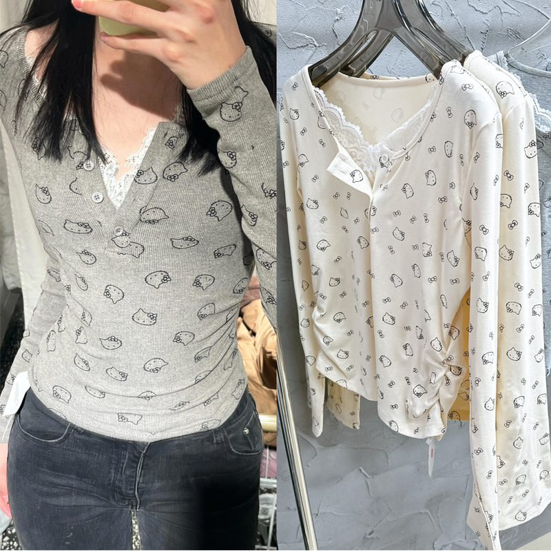 Ženska majica s čipkastim panelom i otiskom, dugi rukav, cropped top za slojevito nošenje, korejski stil, uski kroj