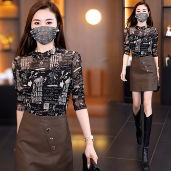 Ženski dugi rukav čipkasto mrežasti top s polu-visokom ovratnikom, uski kroj, poliester-spandeks