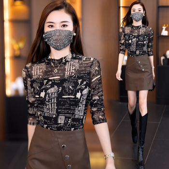 Ženski dugi rukav čipkasto mrežasti top s polu-visokom ovratnikom, uski kroj, poliester-spandeks