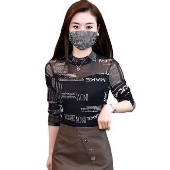 Ženski dugi rukav čipkasto mrežasti top s polu-visokom ovratnikom, uski kroj, poliester-spandeks