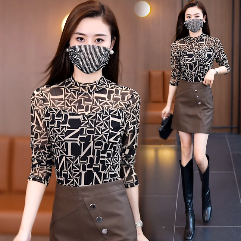 Ženski dugi rukav čipkasto mrežasti top s polu-visokom ovratnikom, uski kroj, poliester-spandeks