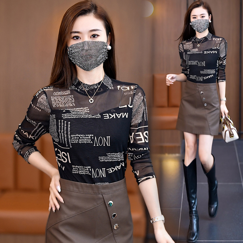 Ženski dugi rukav čipkasto mrežasti top s polu-visokom ovratnikom, uski kroj, poliester-spandeks