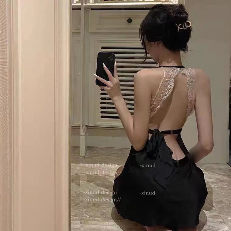 Seksi noćna haljina s čipkom nalik trepavicama, duboki dekolte, 80-90% poliester