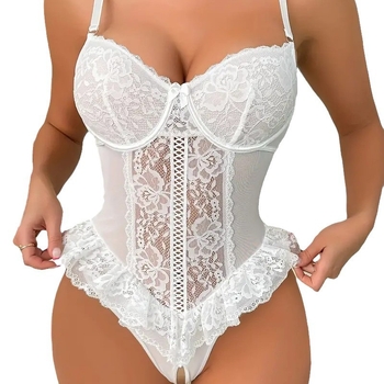 Čipkasto bodi s cvjetnim uzorkom, prozirno, seksi duboki V leđa i izloženi pubični dio — poliester 95–100%, tanka tkanina 121–140 g/m2, porijeklo Foshan, proljeće 2024