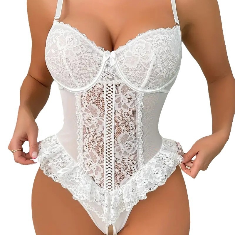 Čipkasto bodi s cvjetnim uzorkom, prozirno, seksi duboki V leđa i izloženi pubični dio — poliester 95–100%, tanka tkanina 121–140 g/m2, porijeklo Foshan, proljeće 2024