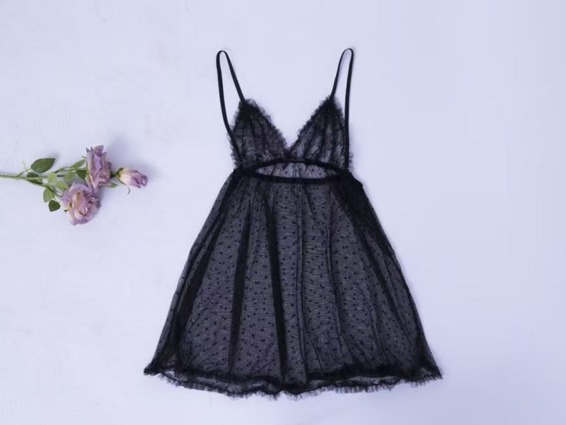 Prozirna čipkasta mrežasta noćna haljina – poliester, 90–95% poliester, gustoća tkanine 141–160 g/m²